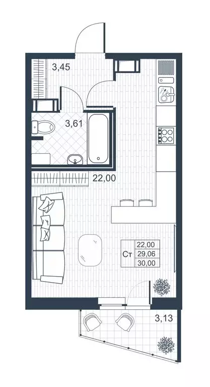 Квартира-студия: Коммунар, Славянская улица, 8 (28.8 м) - Фото 1