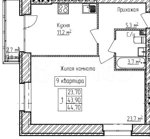 1-к. квартира, 44,7 м, 3/3 эт. - Фото 0