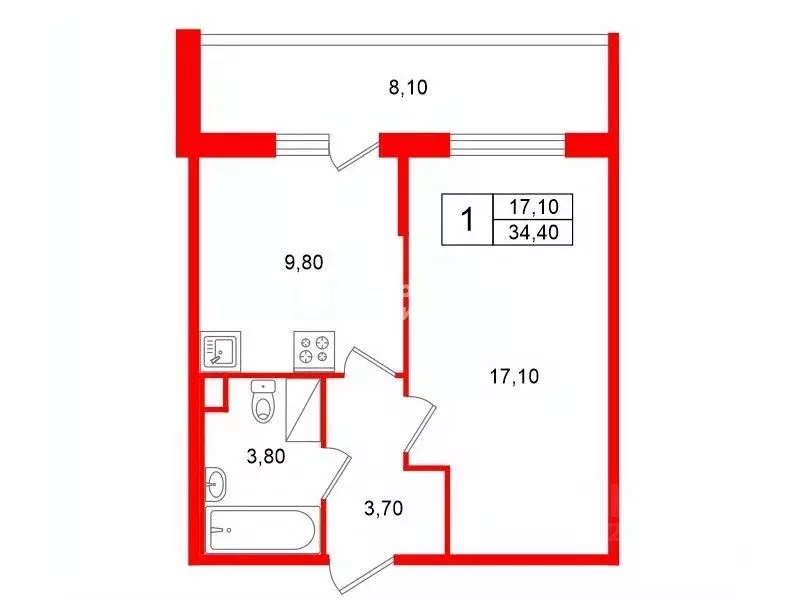 1-к кв. Санкт-Петербург ул. Бориса Шмелева, 9 (34.4 м) - Фото 2