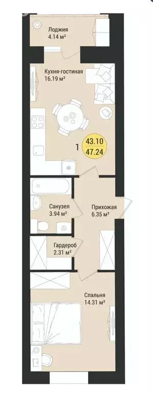 1-комнатная квартира: село Семёновка, Молодёжная улица, 17 (47.24 м) - Фото 1