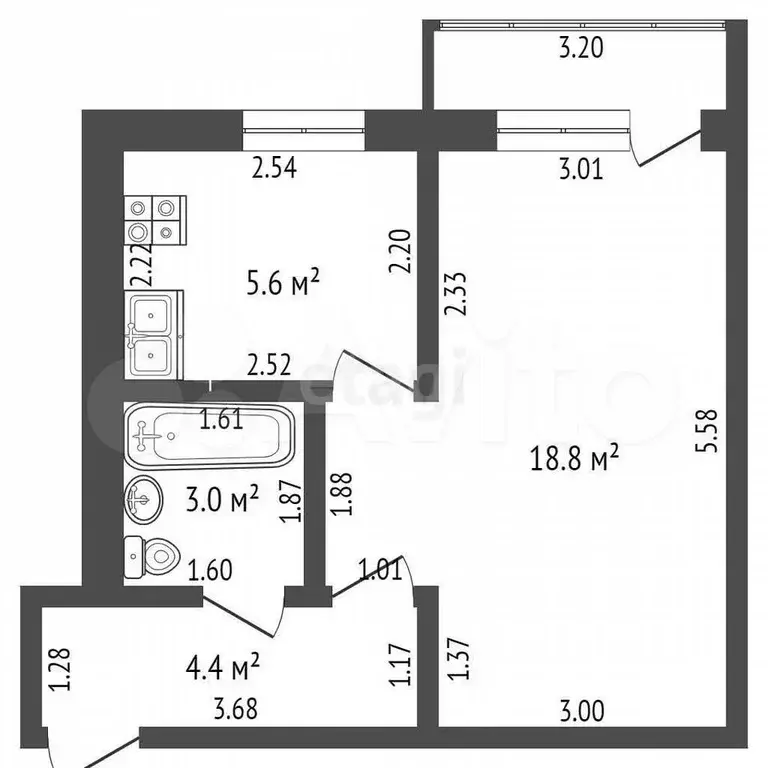 1-к. квартира, 32,6 м, 4/5 эт. - Фото 0