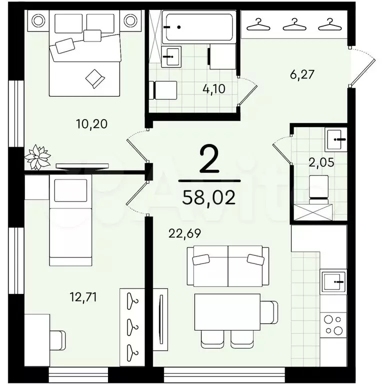 2-к. квартира, 58 м, 2/4 эт. - Фото 0