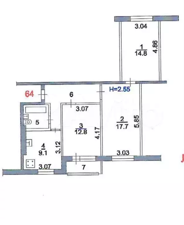 3-к. квартира, 69 м, 6/9 эт. - Фото 0