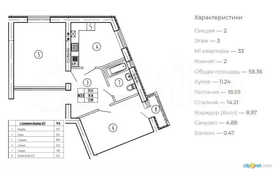 2-к. квартира, 58,4м, 3/4эт. - Фото 1