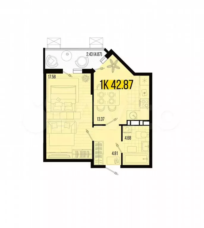 1-к. квартира, 42,9 м, 4/7 эт. - Фото 1
