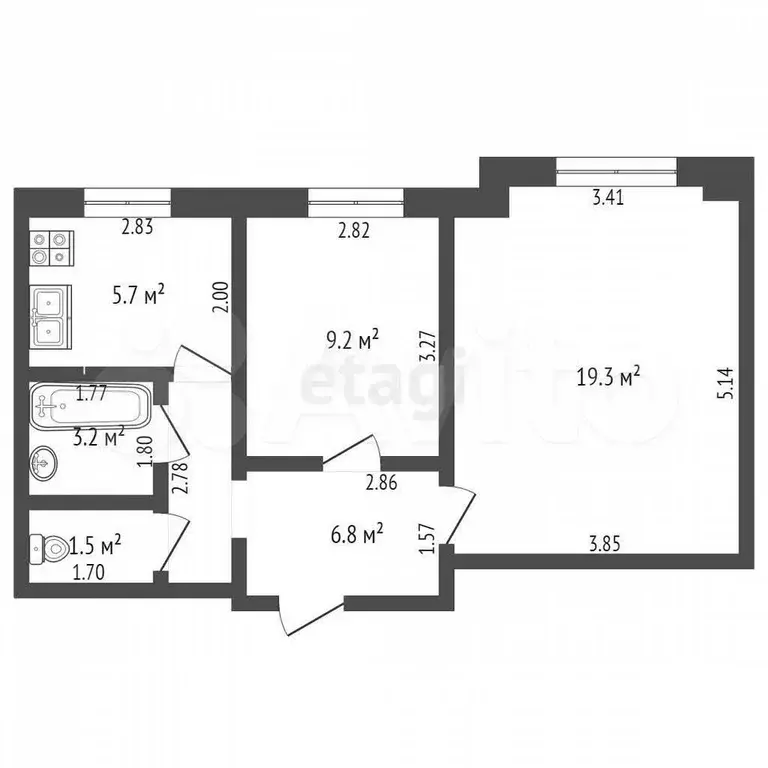 2-к. квартира, 45,7 м, 3/3 эт. - Фото 0