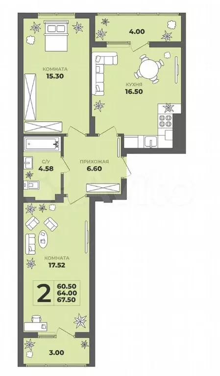 2-к. квартира, 64 м, 1/8 эт. - Фото 1