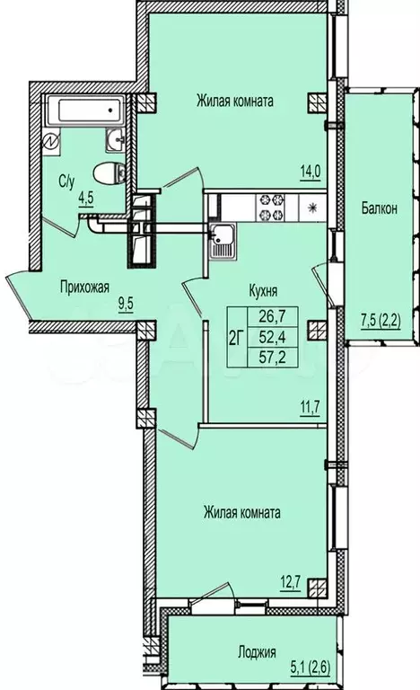 2-к. квартира, 57,2 м, 6/11 эт. - Фото 0