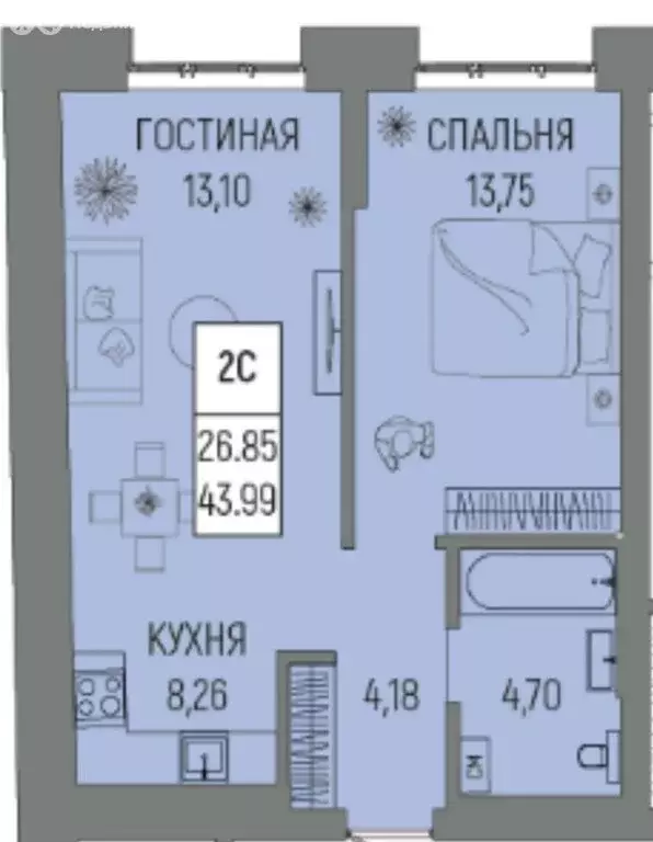 2-комнатная квартира: Уфа, улица Рудольфа Нуреева, 9 (43.99 м) - Фото 0