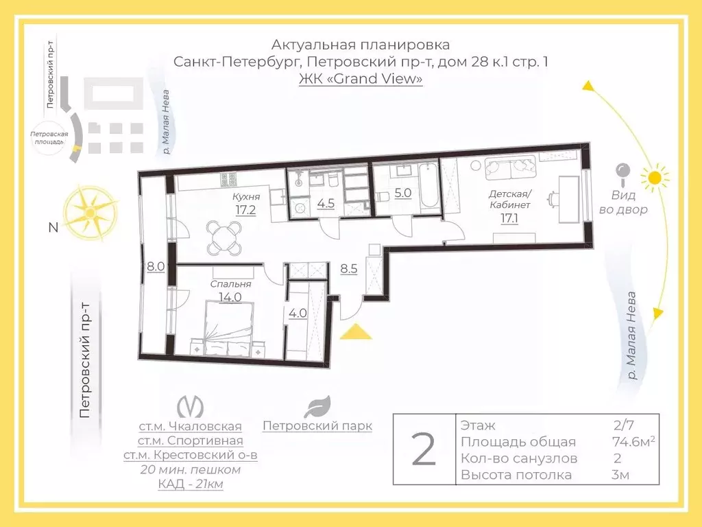 2-к кв. Санкт-Петербург Петровский просп., 28к1 (74.6 м) - Фото 2