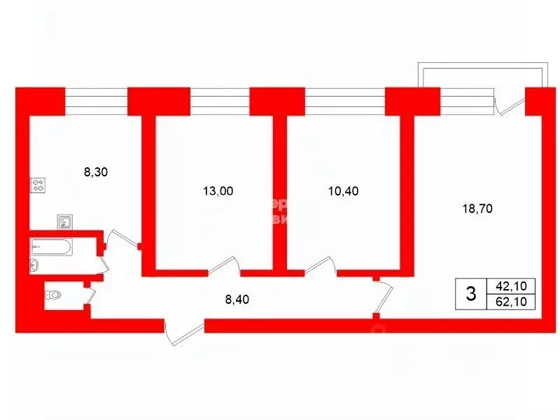 3-к кв. Санкт-Петербург ул. Карпинского, 34К6 (62.1 м) - Фото 2