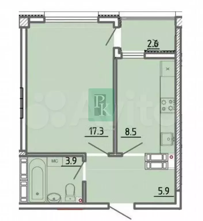1-к. квартира, 38,2 м, 3/9 эт. - Фото 0