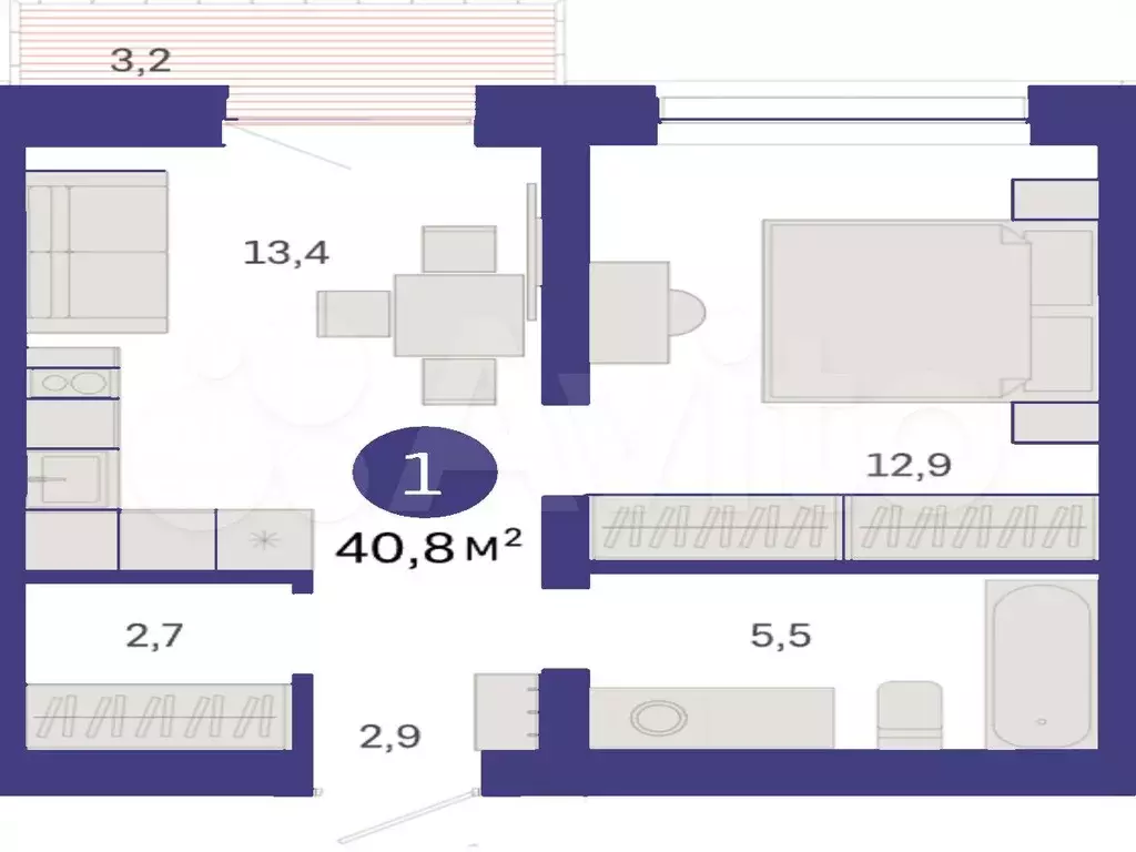 1-к. квартира, 40,9 м, 5/8 эт. - Фото 1