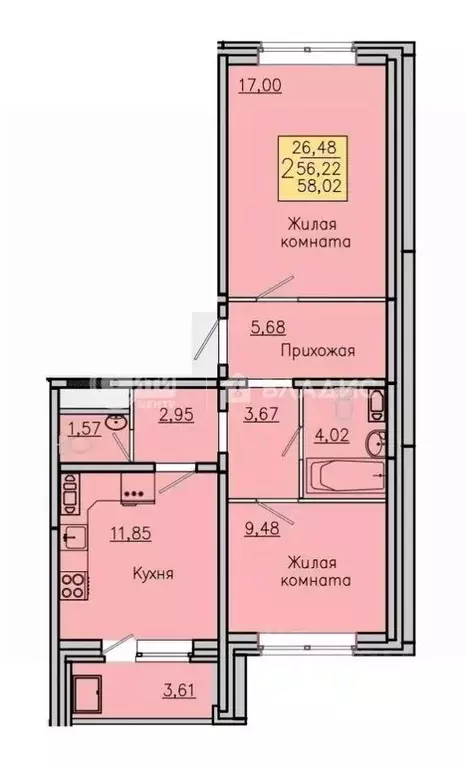 2-к кв. Воронежская область, с. Новая Усмань, Южный мкр  (58.02 м) - Фото 0