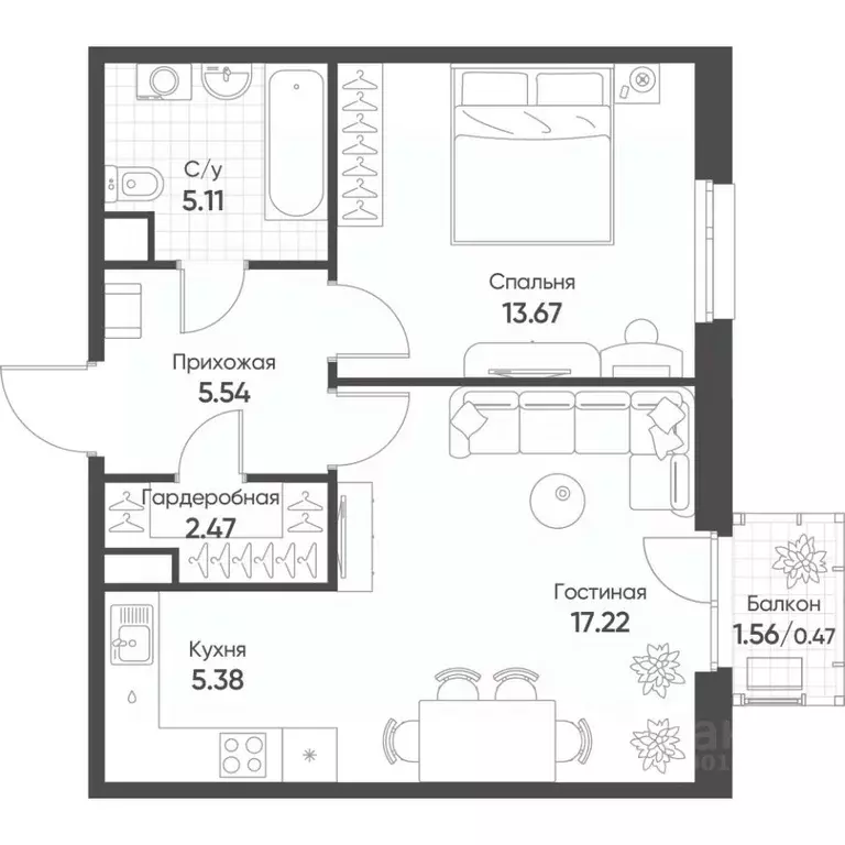 2-к кв. Татарстан, Казань Счастье в Казани жилой комплекс (49.9 м) - Фото 1