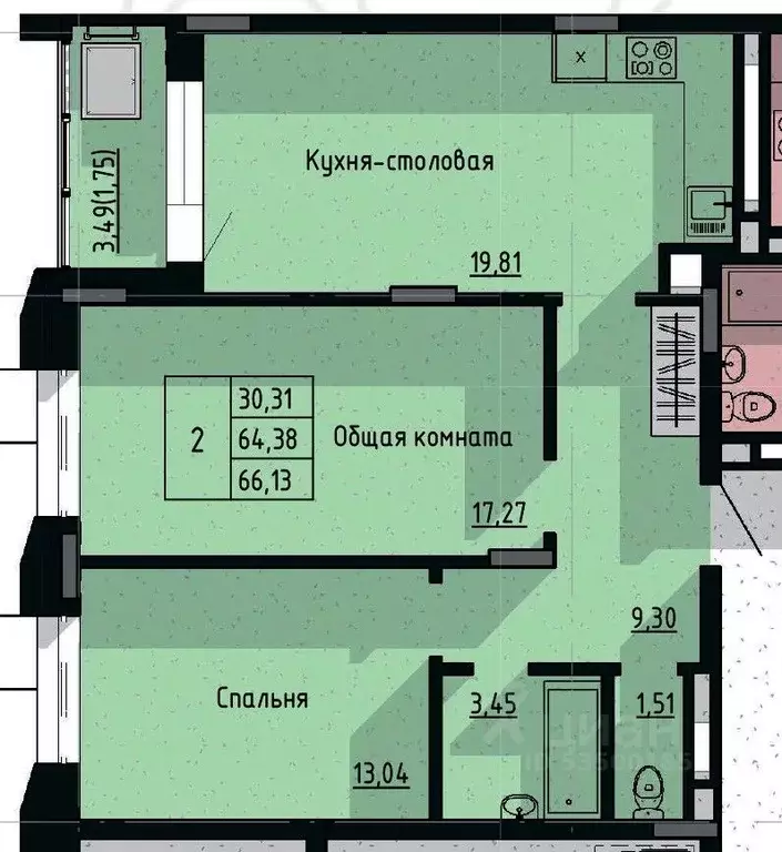 2-к кв. Саха (Якутия), Якутск пос. Геологов,  (66.13 м) - Фото 1