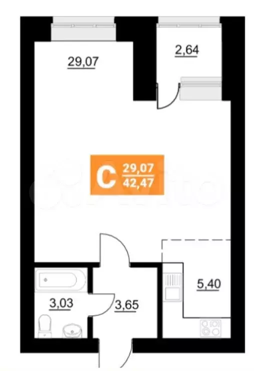 Квартира-студия, 42 м, 7/12 эт. - Фото 0