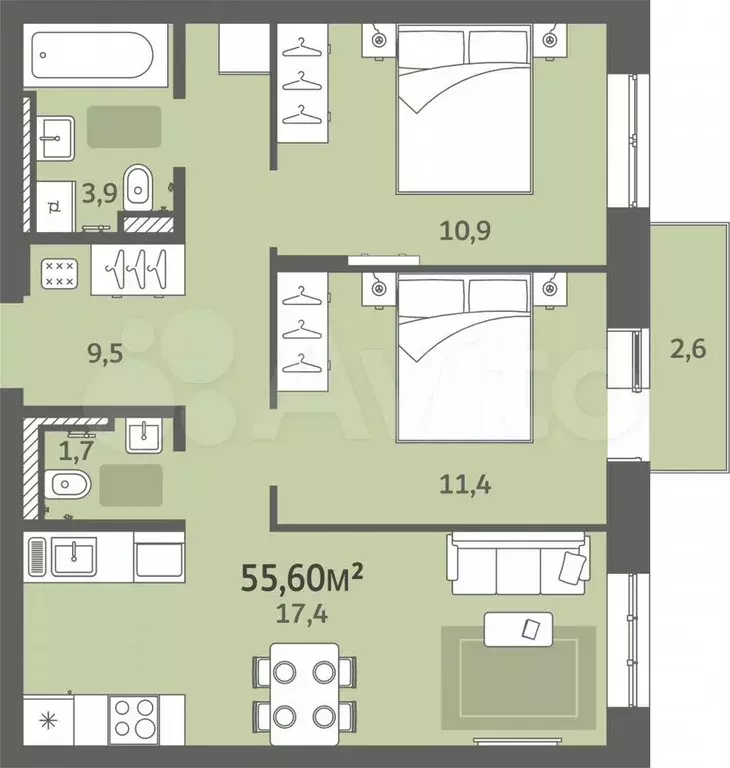 2-к. квартира, 55,6 м, 6/9 эт. - Фото 0