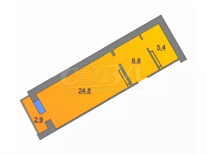 Студия Тюменская область, Тюмень ул. Домостроителей, 26к2 (34.8 м) - Фото 2