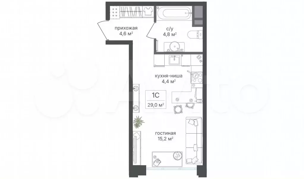 Квартира-студия, 29 м, 5/15 эт. - Фото 0