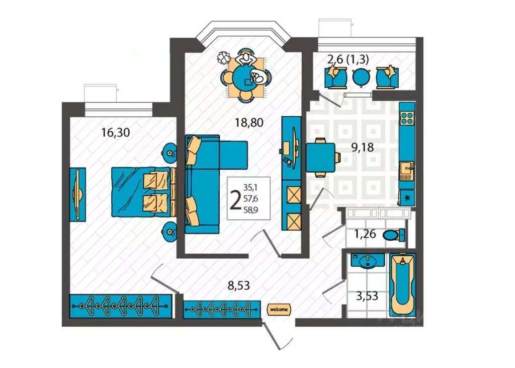 2-к кв. Краснодарский край, Анапа ул. Крылова, 13к1 (58.9 м) - Фото 1