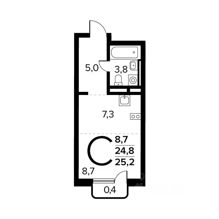 Студия Москва № 61 кв-л,  (25.2 м) - Фото 0