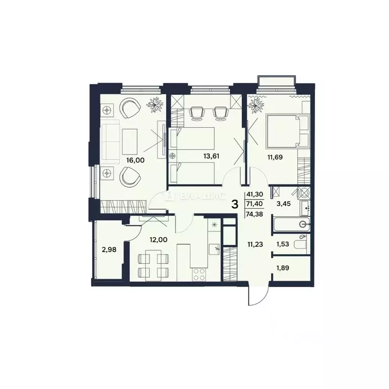 3-к кв. Пензенская область, Пенза Гармония жилой комплекс (74.38 м) - Фото 2