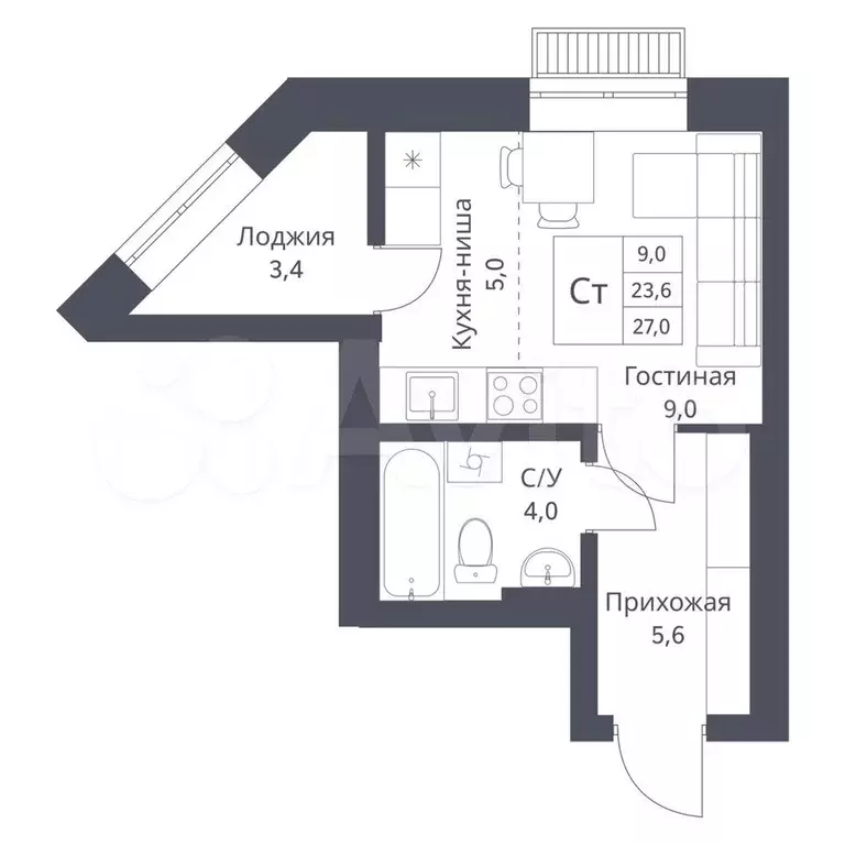 Квартира-студия, 27 м, 2/18 эт. - Фото 0