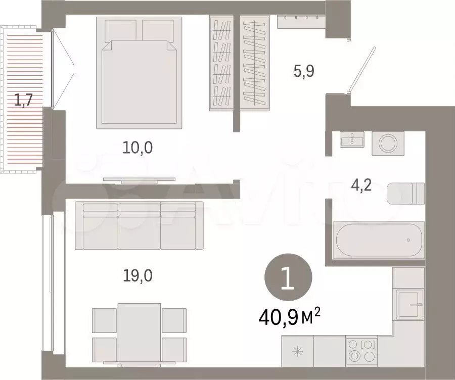 1-к. квартира, 40,9 м, 10/23 эт. - Фото 1