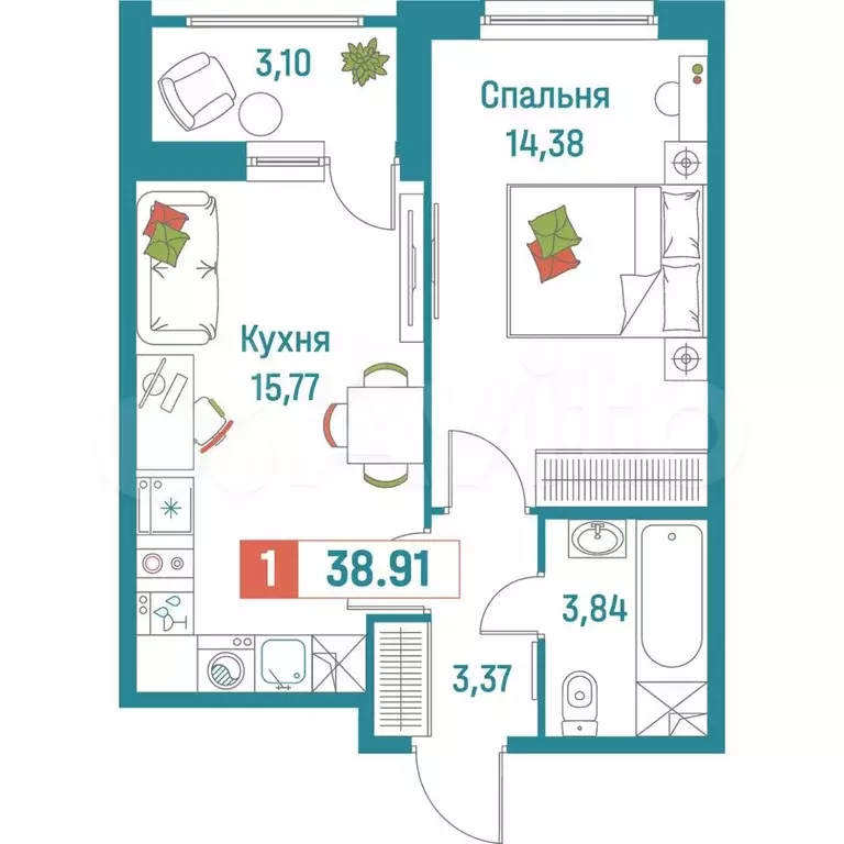 1-к. квартира, 38,9 м, 1/18 эт. - Фото 0