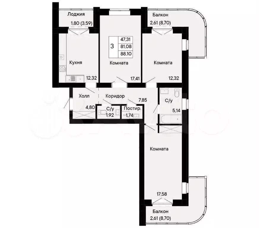 3-к. квартира, 88,1 м, 3/8 эт. - Фото 1