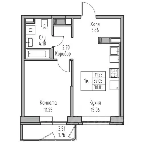 1-к кв. Санкт-Петербург ул. Ивинская, 1к4 (38.81 м) - Фото 1