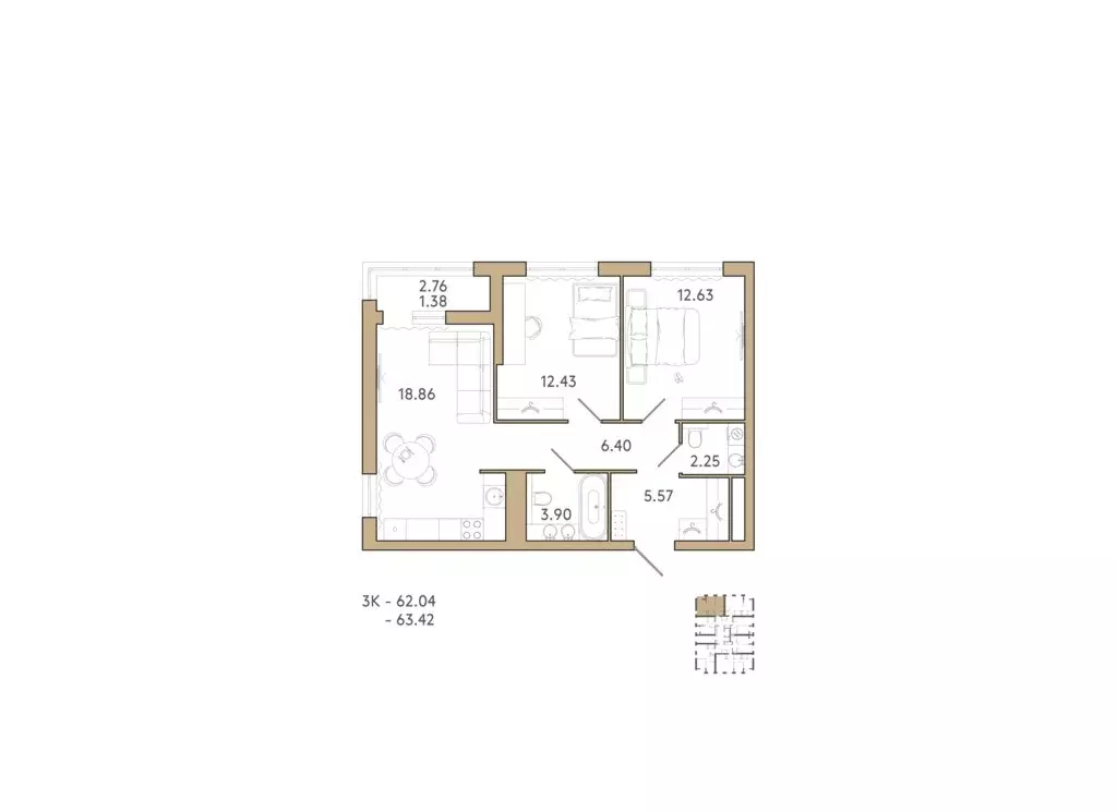 2-комнатная квартира: Пенза, ЖК Академия (63.42 м) - Фото 1