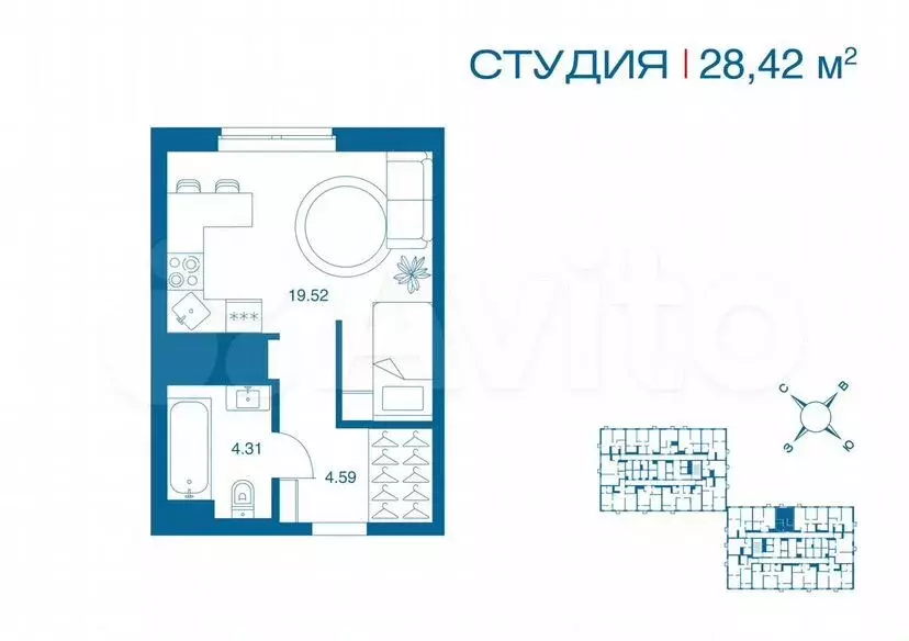 Квартира-студия, 28,4 м, 2/25 эт. - Фото 0