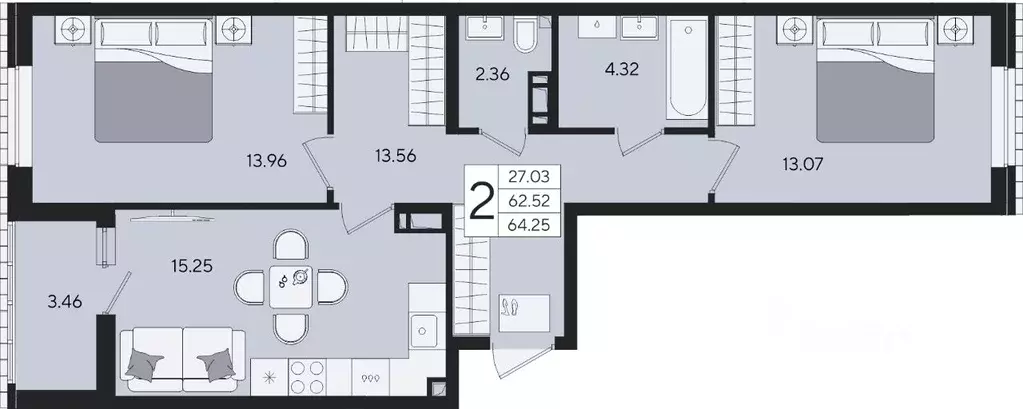 2-к кв. Краснодарский край, Краснодар  (64.25 м) - Фото 2