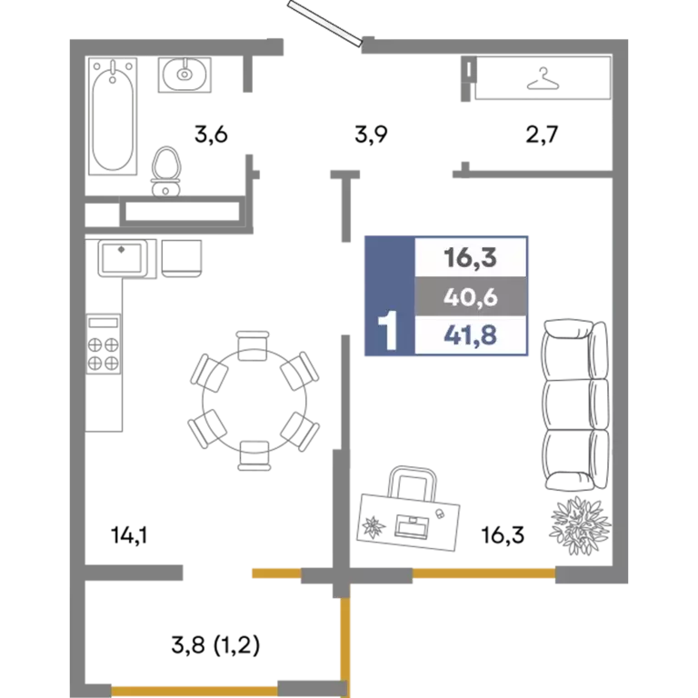 1-к квартира, 41.8 м - Фото 0
