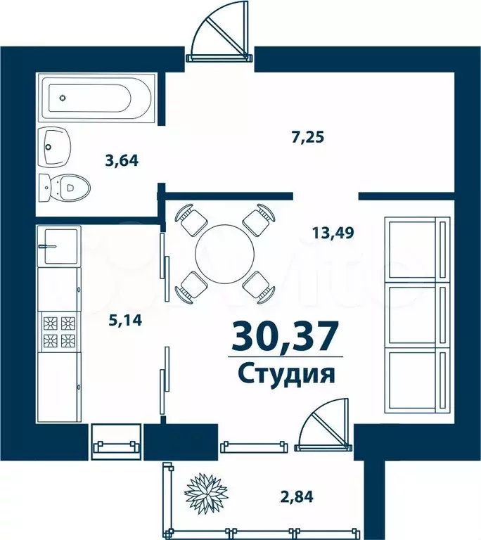 Квартира-студия, 30,4 м, 2/5 эт. - Фото 0