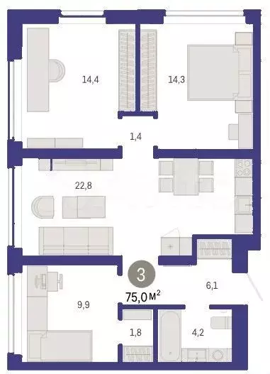 3-к. квартира, 75 м, 2/9 эт. - Фото 1