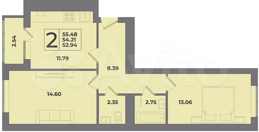 2-к. квартира, 55,5 м, 7/9 эт. - Фото 1