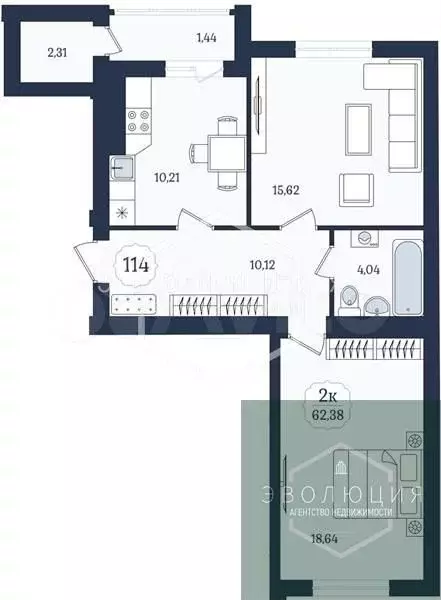 2-к. квартира, 62,4 м, 5/9 эт. - Фото 0