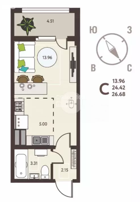Квартира-студия: Липецк, улица Перова (26.68 м) - Фото 0