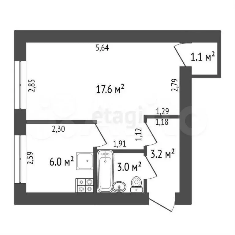 1-к. квартира, 30,9 м, 2/5 эт. - Фото 0