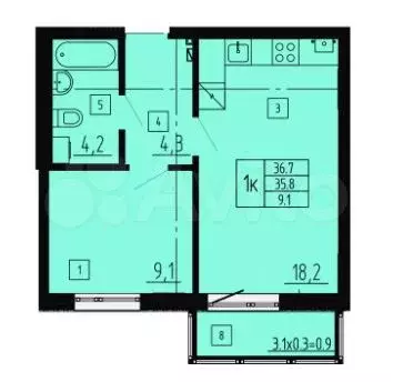 1-к. квартира, 36,7 м, 2/8 эт. - Фото 1