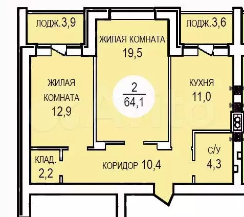 2-к. квартира, 64,1 м, 2/4 эт. - Фото 0
