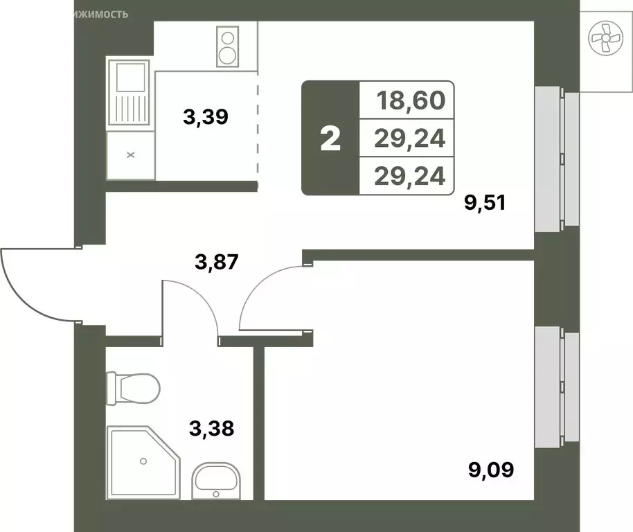 2-комнатная квартира: Уфимский район, село Миловка (29.24 м) - Фото 0