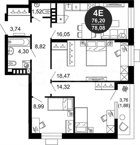 3-к. квартира, 78 м, 2/10 эт. - Фото 1