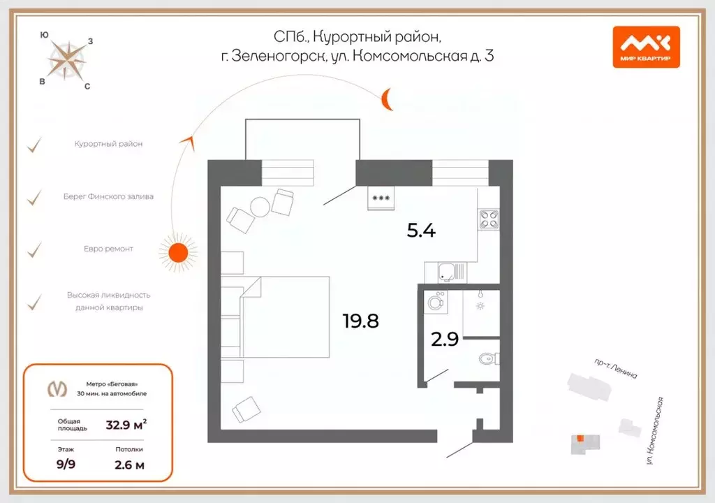 1-к кв. Санкт-Петербург, Санкт-Петербург, Зеленогорск Комсомольская ... - Фото 2