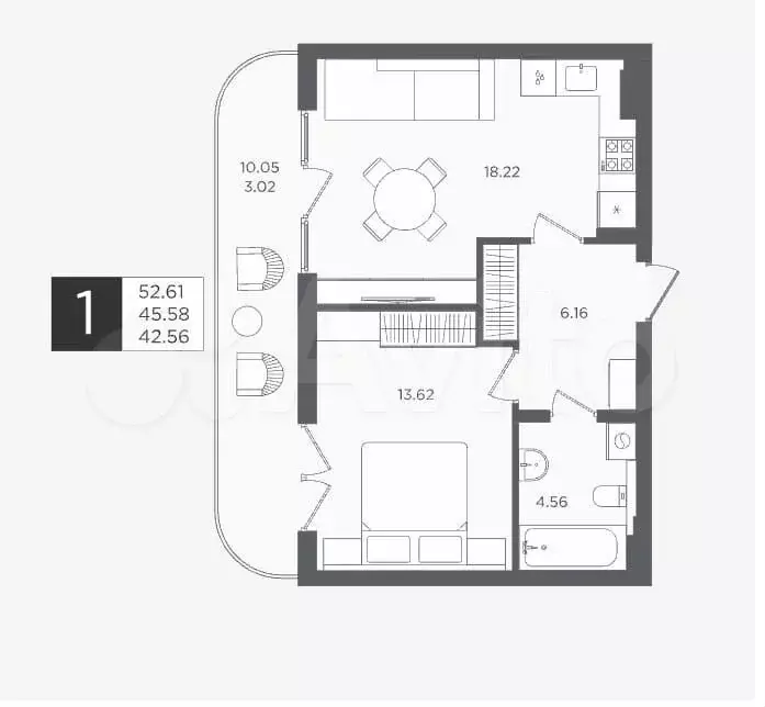 1-к. квартира, 45,6 м, 4/4 эт. - Фото 1