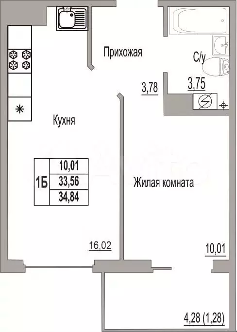 1-к. квартира, 34,8 м, 3/9 эт. - Фото 0