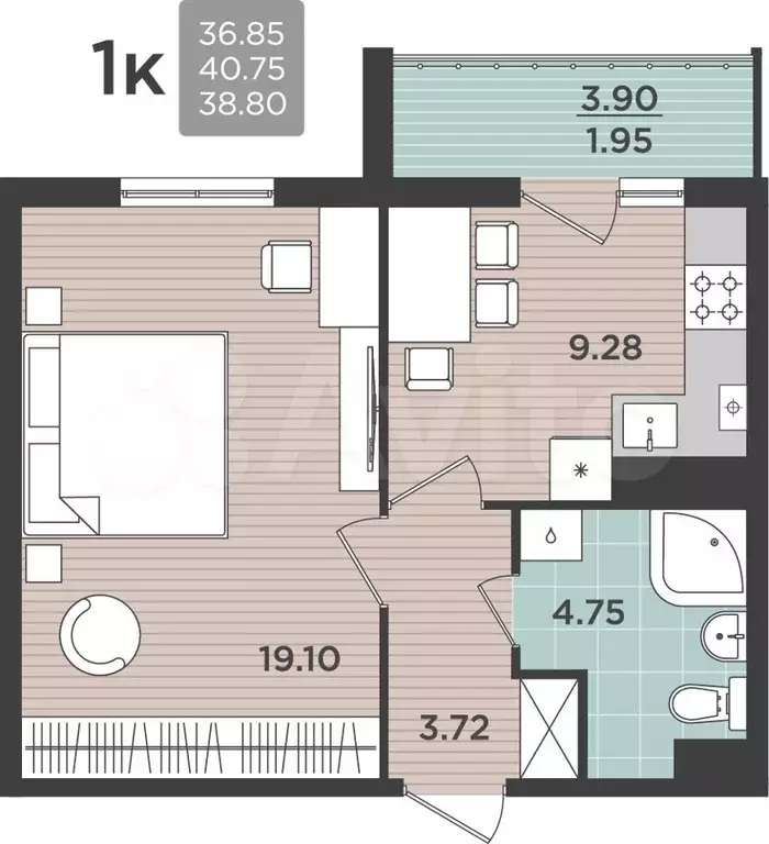 1-к. квартира, 40,8 м, 5/5 эт. - Фото 0